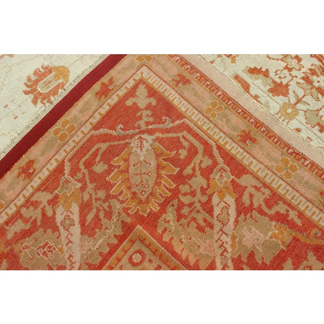 Antique Turkish Floral Oushak Rug in Cream, Rust Red, Orange and Green For Sale - Image 12 of 12