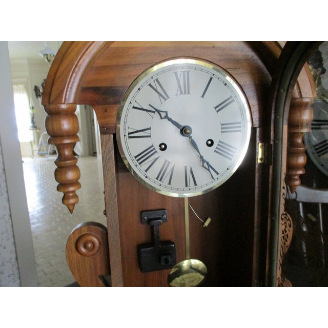 Wood Beautiful Vintage Wood Ansonia Reproduction Tear Drop Clock 8 Day Wind Painted Glass on Door Works For Sale - Image 7 of 15