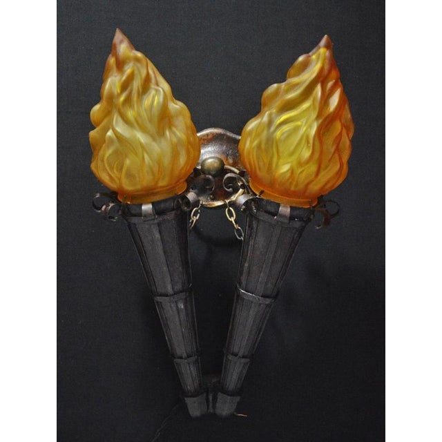 Victorian Gothic Twin Torchère Wall Light with Opaline Flame Shades, 1850s For Sale - Image 13 of 18