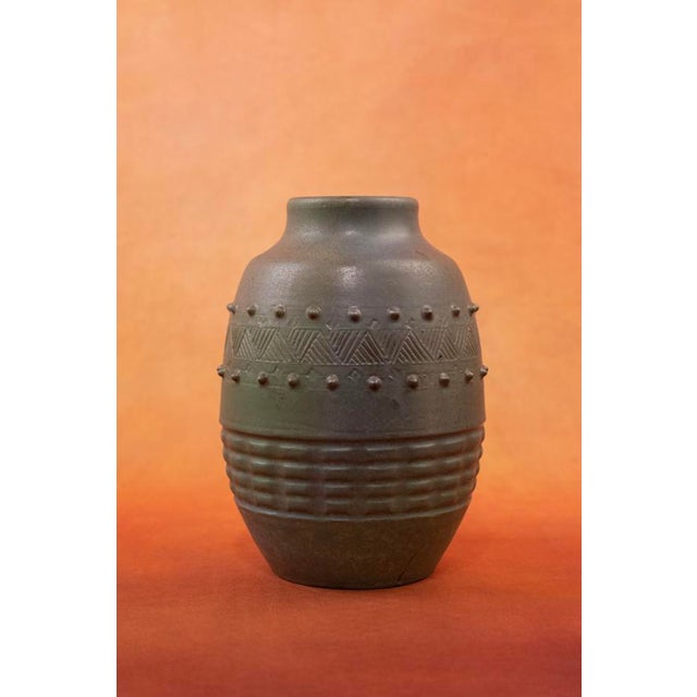 Art Deco Green Glazed Stoneware Vase with Incised Geometric Decor and Small Dots by Charles Gréber for Beauvais Manufactory, 1920s For Sale - Image 3 of 10