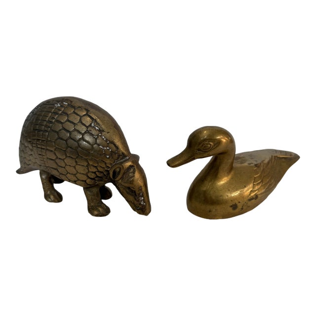 Vintage Brass Figurine Set - Armadillo & Mallard Duck For Sale