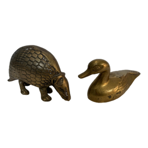 Vintage Brass Figurine Set - Armadillo & Mallard Duck