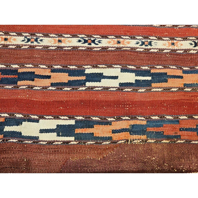 Antique Turkmen Yomut Soumak Kilim, Handwoven Wool, Geometric Pattern, Rust & Blue, 5x10 For Sale - Image 10 of 13