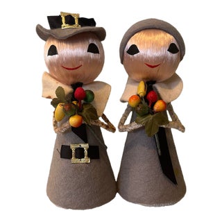 Mid-Century Handmade Folk Art Pilgrim Thanksgiving Figures—a Pair For Sale