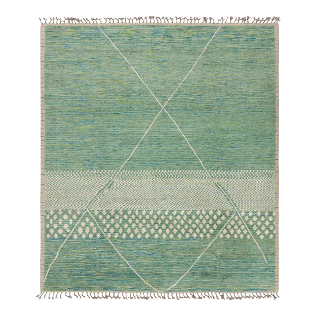 Rug & Kilim’s Moroccan Rug in Blue, Green and Beige Geometric Patterns For Sale