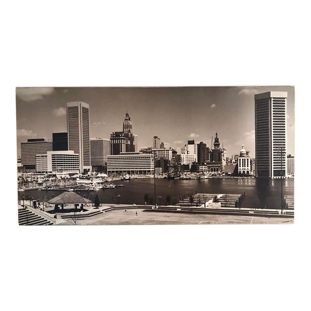 Vintage 1977 Morton C. Tadder Baltimore Inner Harbor Signed Black & White Sepia Tone Large Cityscape Photograph For Sale