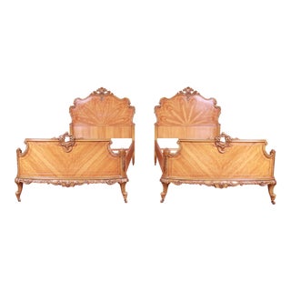 Vintage Romweber French Rococo Louis XV Inlaid Satinwood Twin Beds, Pair For Sale