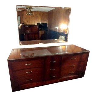 Mid 20th Century Mid-Century Modern Ribbon Mahogany Triple Dresser With Custom Glass Top and Mirror For Sale
