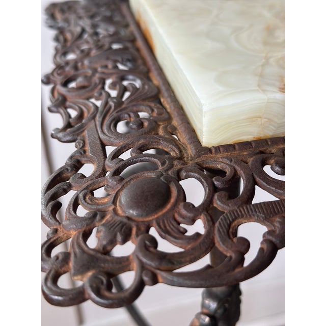 Onyx Antique 1890s National Brass & Iron Works Ornate Victorian Cast Iron and Onyx Plant Stand For Sale - Image 8 of 16