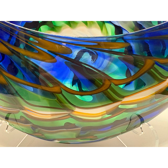 Blue Late 20th Century Signed Mark Wagan Studio Art Glass Bowl – Blue Green Vortex Swirl Sculptural Vessel For Sale - Image 8 of 12