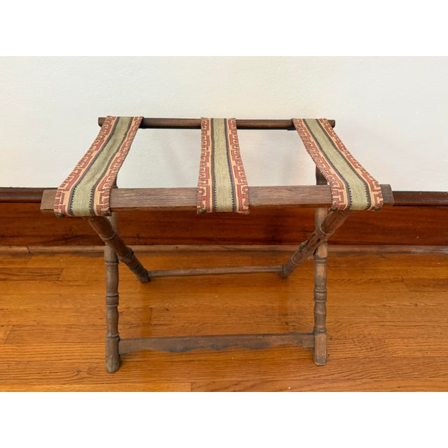 Baker Furniture Company Vintage Turned Wood Folding Luggage Rack With Greek Key Tapestry Straps For Sale - Image 4 of 9