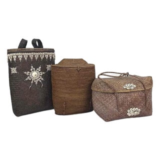 Three Vintage Handwoven Rattan and Shell Bags / Baskets For Sale