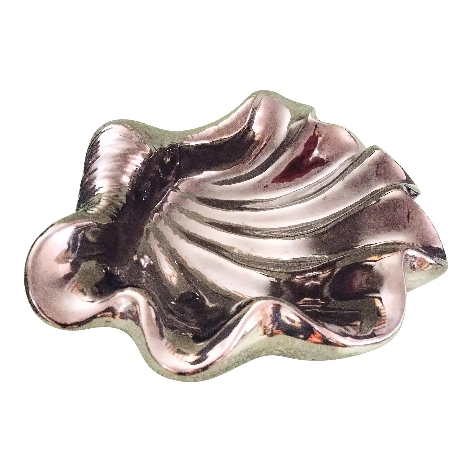 Silver Ceramic Extra Large Coastal Clam Shell Form Decorative Bowl