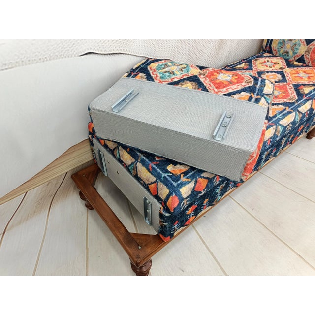 Navy Blue Ikat Rug Print Fabric Upholstered Armed Storage Bench For Sale - Image 8 of 9