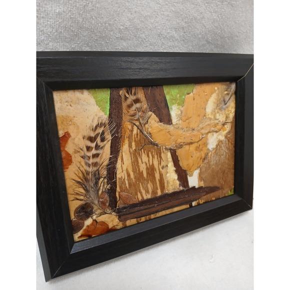 Folk Art Nature Collage Mini Art Painting Bark Wood Australia Paper Feathers Black Frame For Sale - Image 3 of 11
