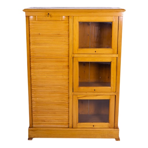 Vintage English Filing Cabinet with Roll-Top and Glass Cabinets For Sale