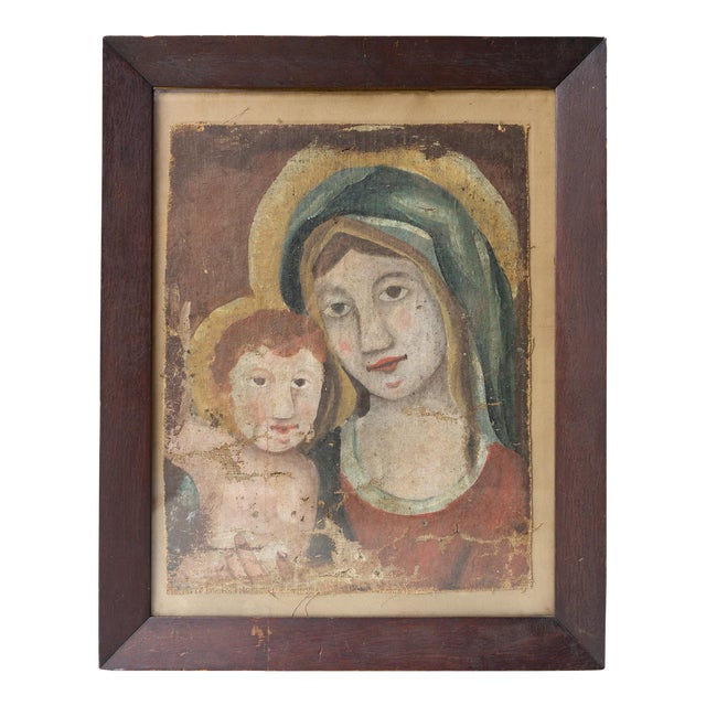 Early Naive School Madonna and Child, Original Antique Oil Painting, 18th Century, Framed For Sale