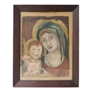 Early Naive School Madonna and Child, Original Antique Oil Painting, 18th Century, Framed