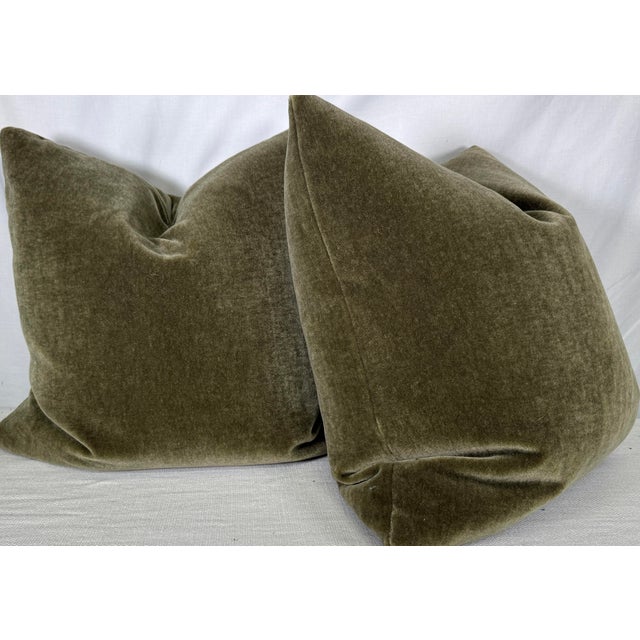 Custom pair of 22" pillows covered in J.B. Martin "Nevada Mohair" in color olive. These pillows have tapered corners to...
