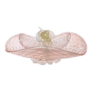 Antique Murano Pink Opal Gold Flecks Iridescent Diamond Quilted Surface Italian Art Deco Glass Serving Bowl For Sale