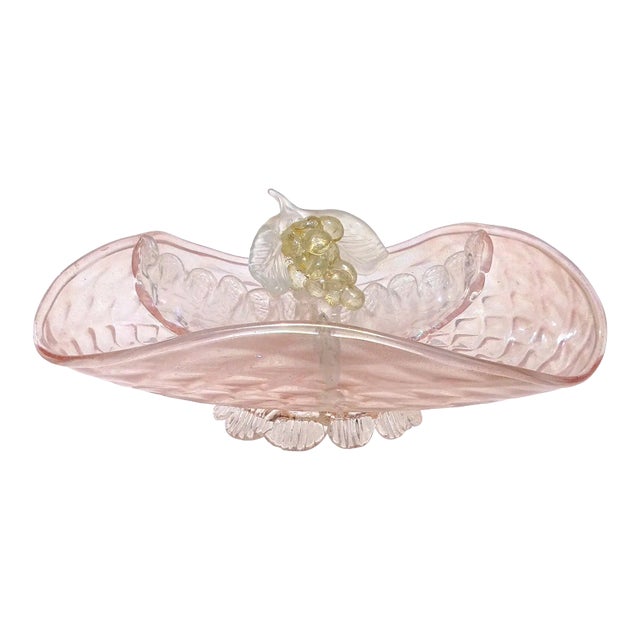 Antique Murano Pink Opal Gold Flecks Iridescent Diamond Quilted Surface Italian Art Deco Glass Serving Bowl For Sale