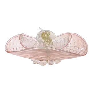 Murano Antique Pink Opal Gold Flecks Iridescent Diamond Quilted Surface Italian Art Deco Glass Serving Bowl