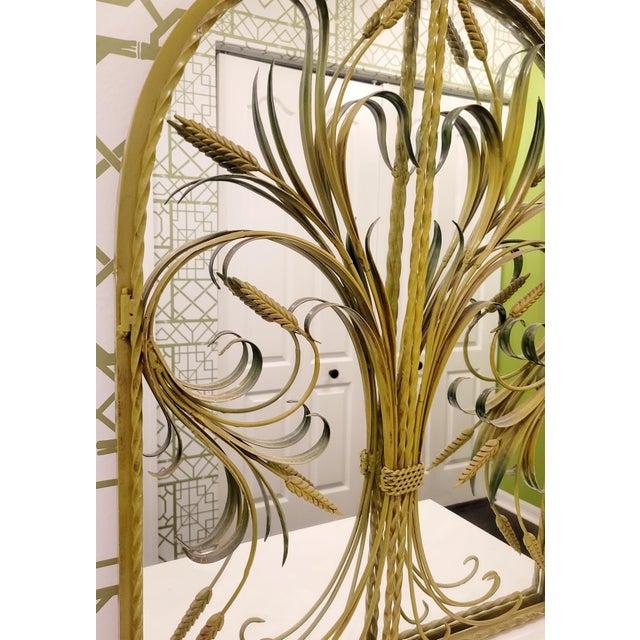 Metal Vintage Lime Green Metal Tole Palm Leaf Sheaf of Wheat Regency Oval Wall Mirror For Sale - Image 7 of 9