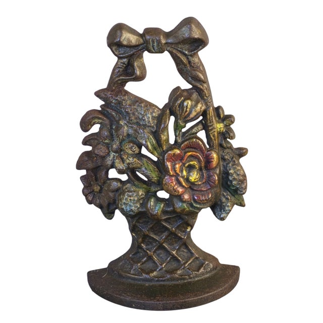 Red Antique 1920s Cast Iron Flower Basket Doorstop Marked & Numbered For Sale - Image 8 of 8