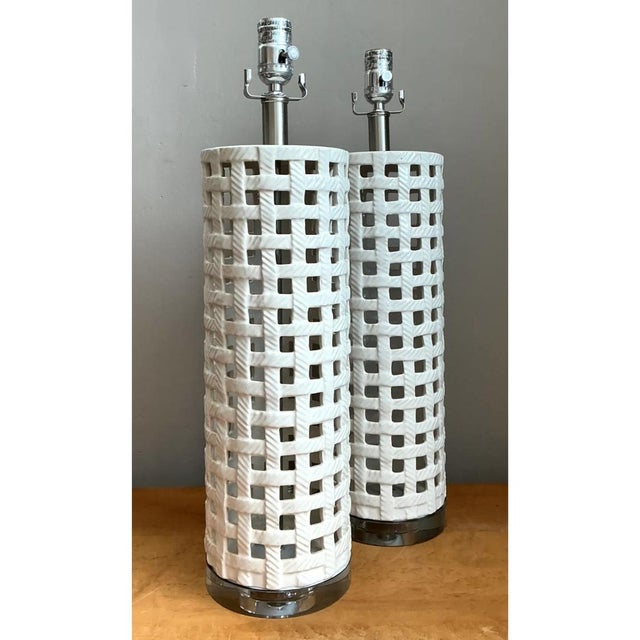 Vintage Lattice Ceramic and Chrome Lamps - Pair For Sale - Image 12 of 12
