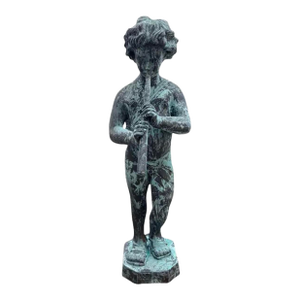 Vintage-Style Bronze Boy Playing Flute Fountain With Verdigris Patina
