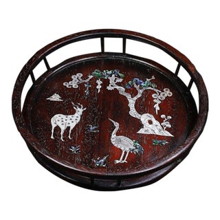 Zitan Wood Round Tray Inlaid With Mother-of-Pearl For Sale