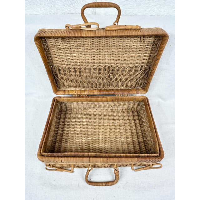 Tan Vintage MCM Rattan Bamboo Suitcase Style Picnic Basket For Sale - Image 8 of 9