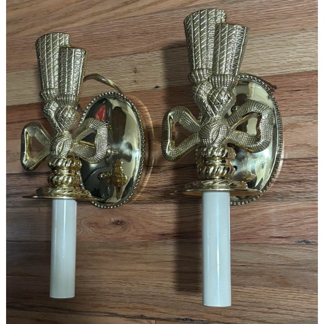 Metal Vintage Lou Campbell Hollywood Regency Brass Bow & Tassel Wall Sconces | French Neoclassical Lighting, a Pair For Sale - Image 7 of 12