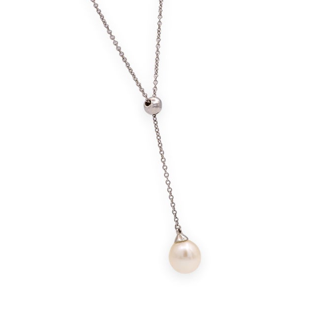 Tiffany and Co. Tiffany & Co. 18k White Gold Pearl Y-Drop Necklace — 16" For Sale - Image 4 of 7