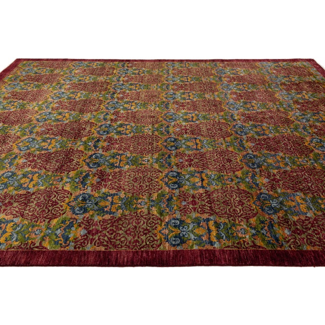 Textile Hand-Knotted Modern Bidjar Style Wool Area Rug Intricate Crimson & Ochre Damask For Sale - Image 7 of 10