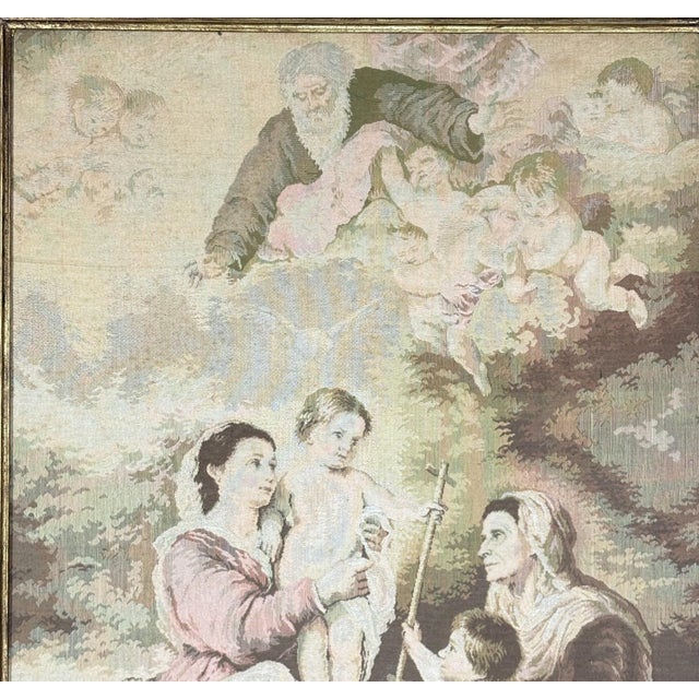 Wood Large Vintage Woven Tapestry "The Holy Family With a Little Bird" After Murillo For Sale - Image 7 of 10