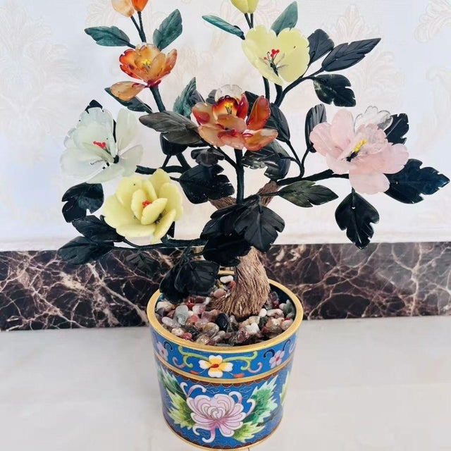 Asian Vintage Gemstone & Cloisonné Enamel Bonsai Tree – Jade, Agate & Crystal Flowers For Sale - Image 3 of 9