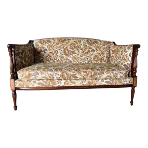 Late 20th Century Vintage Sheraton Style Mahogany Inlaid Floral Fabric Loveseat