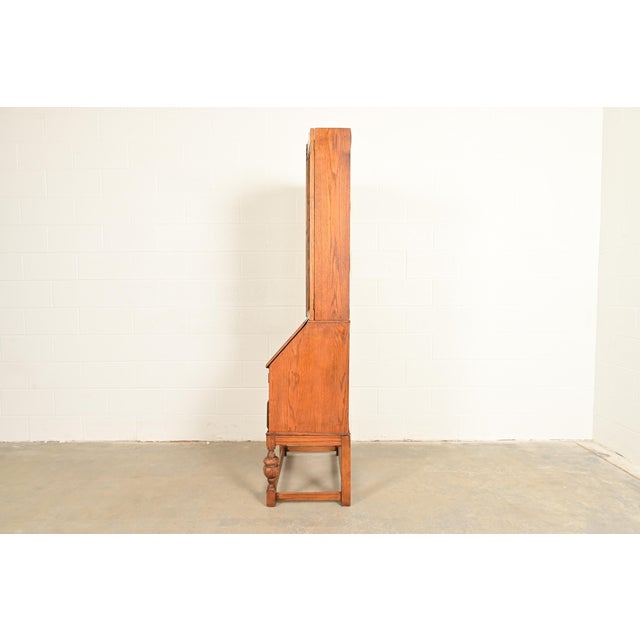 Antique English Art Deco Carved Oak Drop Front Secretary Desk With Leaded Glass Bookcase Hutch For Sale - Image 15 of 17