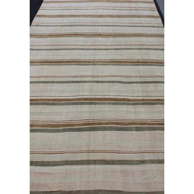 Mid 20th Century Large Kilim Vintage Rug With Green-Gray and Cognac Color in Stripe Design For Sale - Image 5 of 10