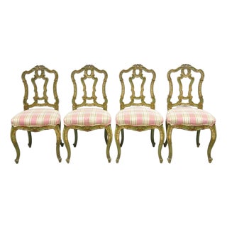 Antique Italian Venetian Green Floral Hand Painted Dining Side Chairs - Set of 4 For Sale