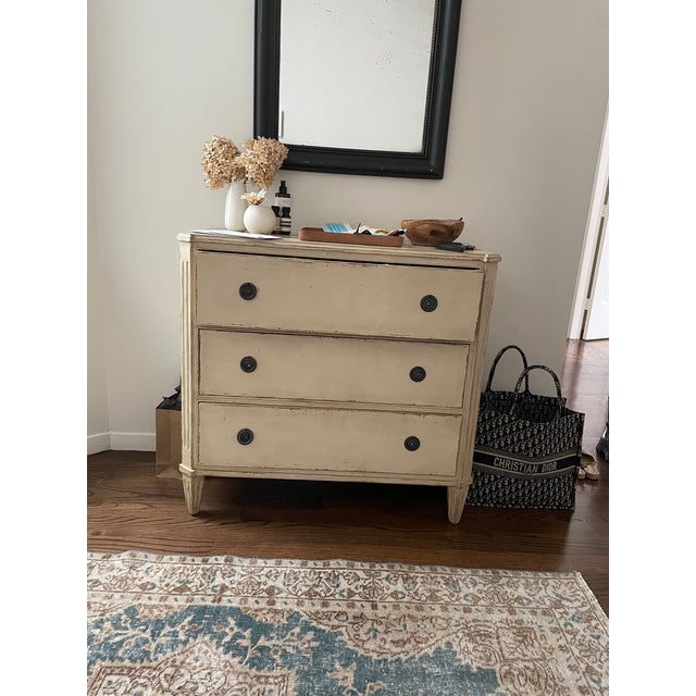 French Gustavian or Swedish Creme Painted Distressed Dresser Console Table Circa 1920s For Sale - Image 3 of 11