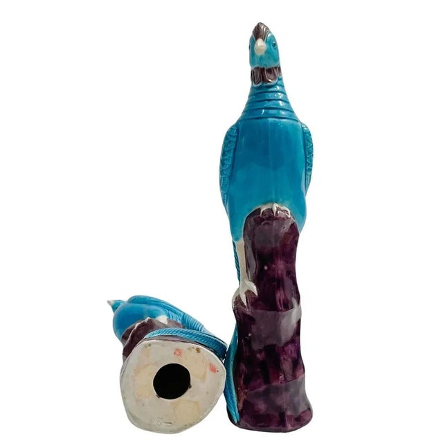 Early 20th Century Chinese Turquoise Porcelain Perched Phoenix Birds - A Pair For Sale - Image 9 of 10