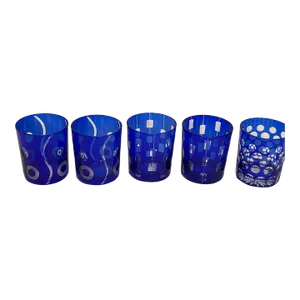 Bohemian Czech Crystal Cobalt Blue Tumblers by Ajka Hungary Set of 5