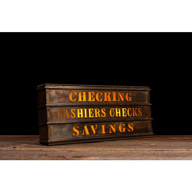 Art Deco Vintage Illuminated Brass Bank Teller Sign For Sale - Image 3 of 8