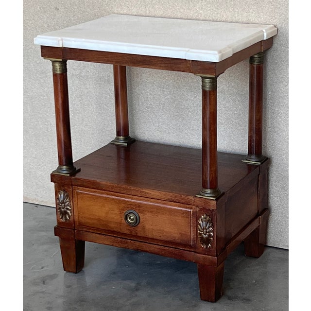 Traditional Pair of Empire Style Marble-Top Nightstands With Shelve and Low Drawer For Sale - Image 3 of 10