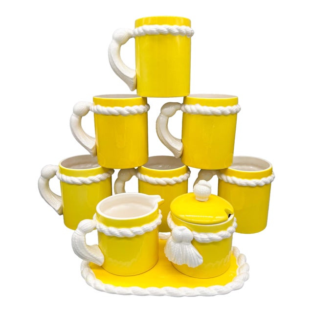 1970's Rubel Yellow & White Tassel Ceramic Coffee Service Set With Tray, 6 Mugs, Sugar and Creamer - Retro, McM, Grandmillenial For Sale