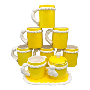 1970's Rubel Yellow & White Tassel Ceramic Coffee Service Set With Tray, 6 Mugs, Sugar and Creamer - Retro, McM, Grandmillenial