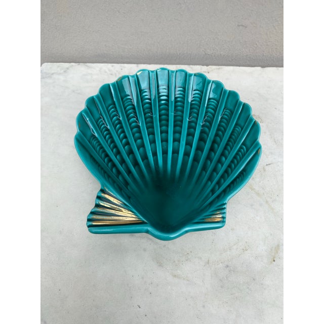 French Green Majolica Shell Dish Vallauris, Circa 1950.