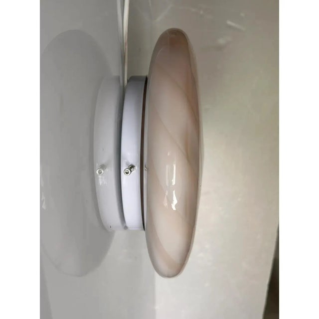 Contemporary milky-white blowing glass with beige “canne di filigrana” filigree rods traditional murano working. it change...